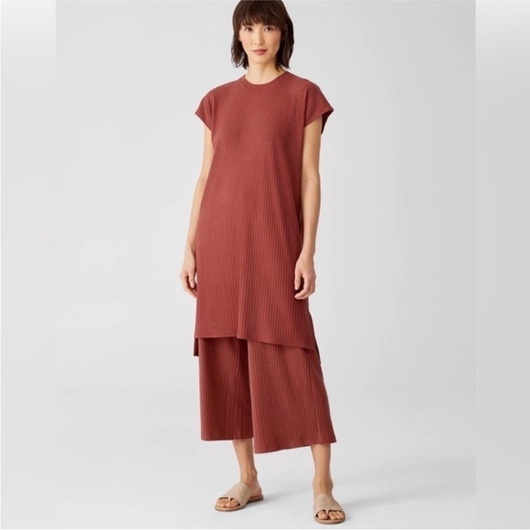 Eileen Fisher Textured Stretch Rib Round Neck Dress Boxy Terracotta Knee Length - Picture 2 of 9